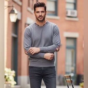 Burberry Brit Gray Nova Check Elbow Patch Long-Sleeved T-Shirt, Size Med